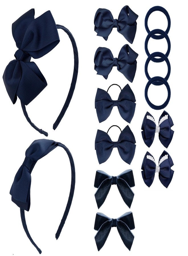 phnydreg Girl Navy Hair Bow Accessories 14 Pieces Uniform Hair Bows Hair Clips Headband for School Toddler Girls - Image 1